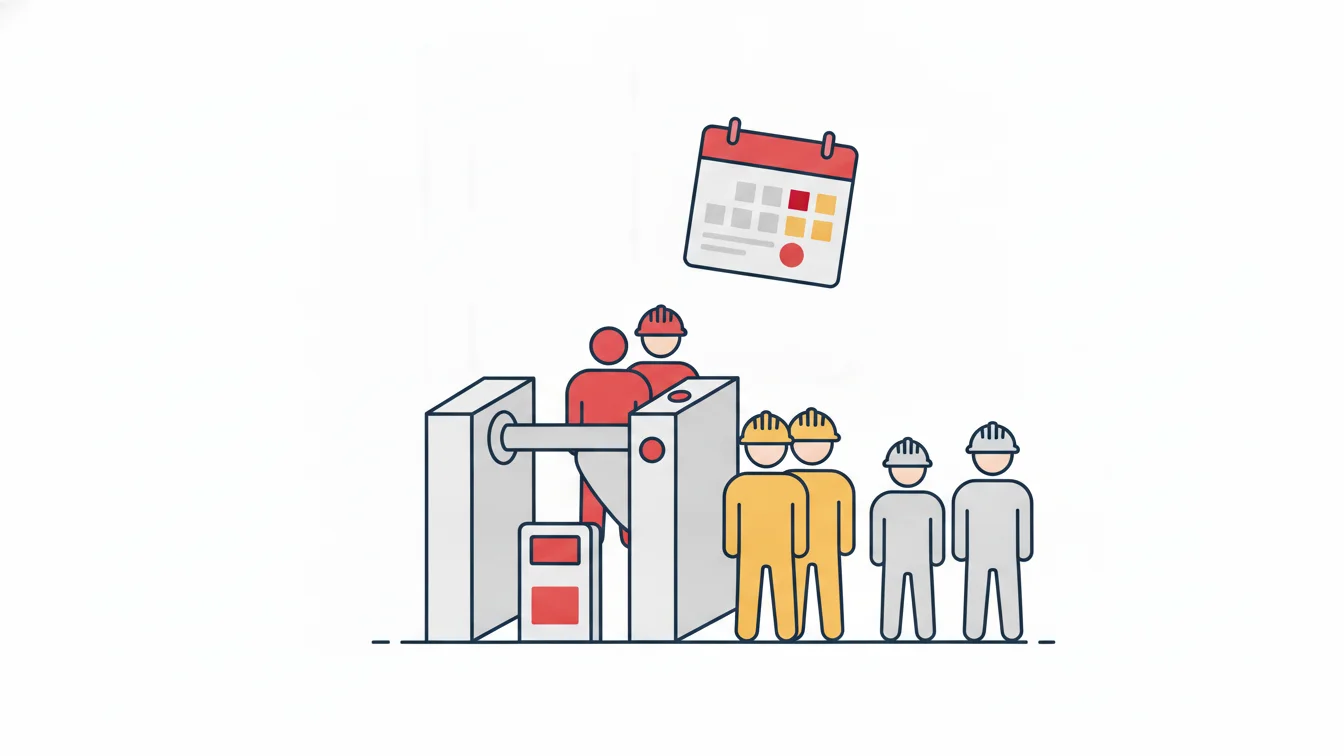 Tracking subcontractor workers on construction sites: per-company entry and exit, man-days and progress payment reports