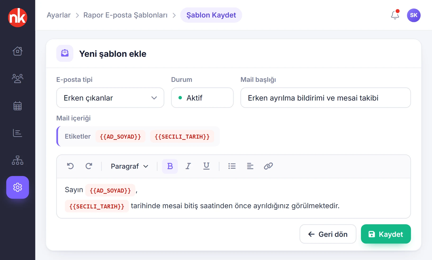 NetKurum rapor e-posta şablonu ekleme ekranı