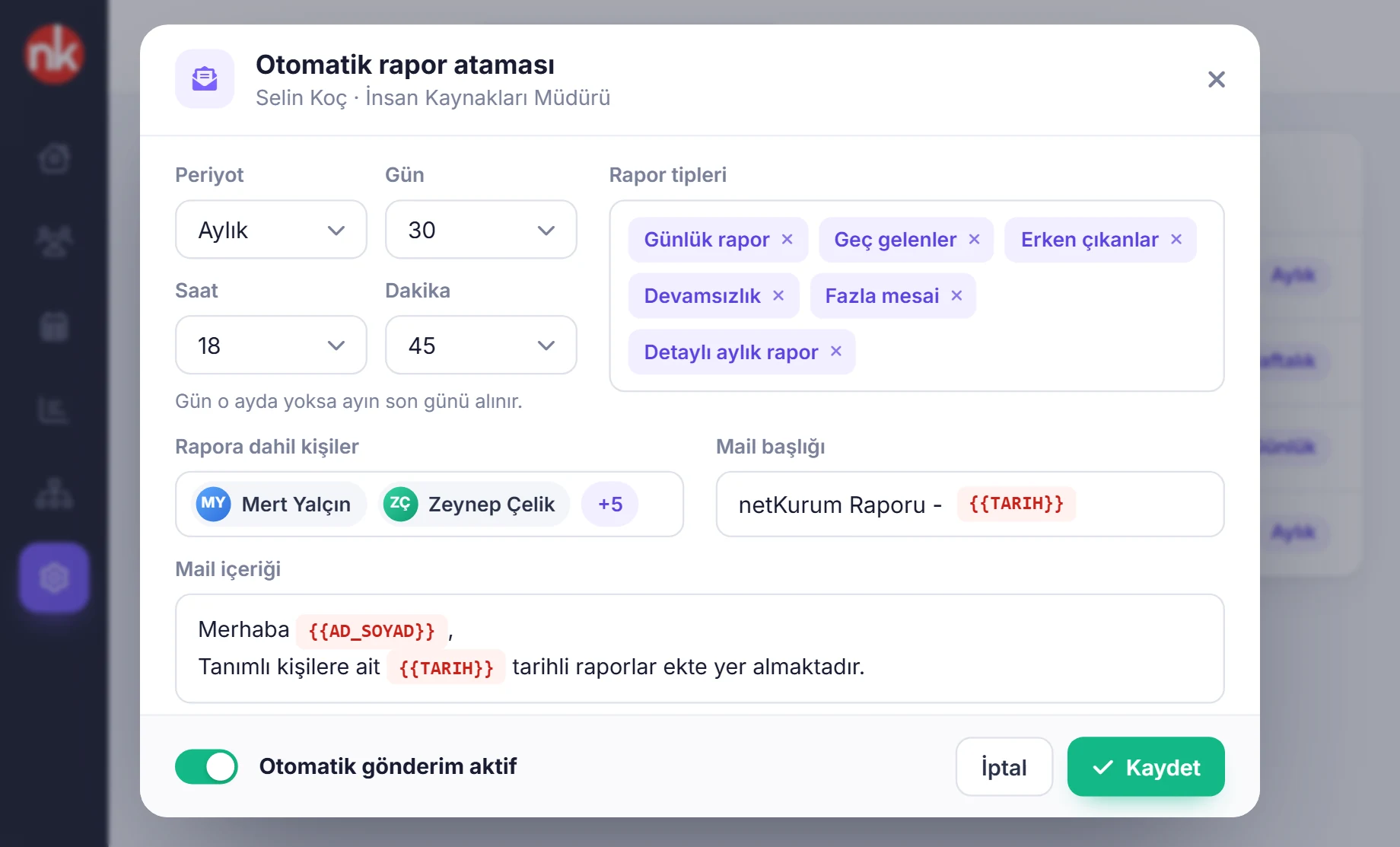 NetKurum otomatik e-posta atama ayarları penceresi