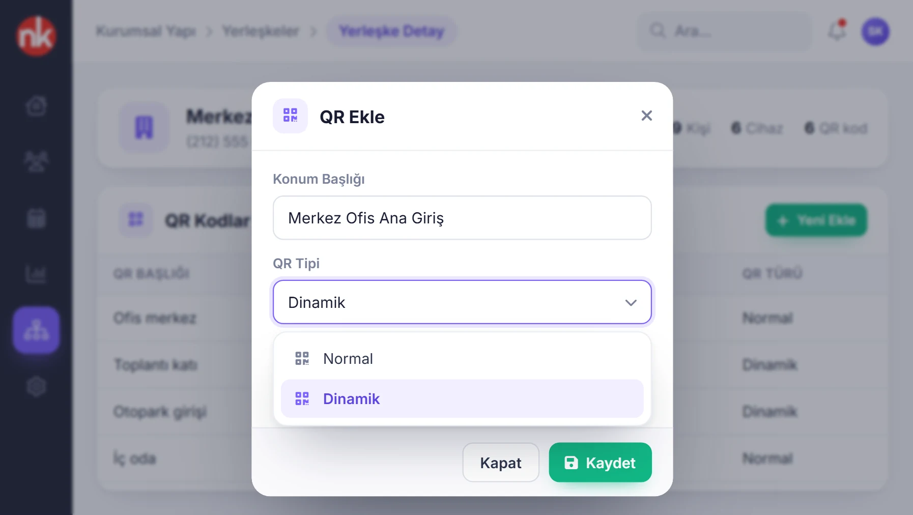 NetKurum şube detayında QR kod ekleme