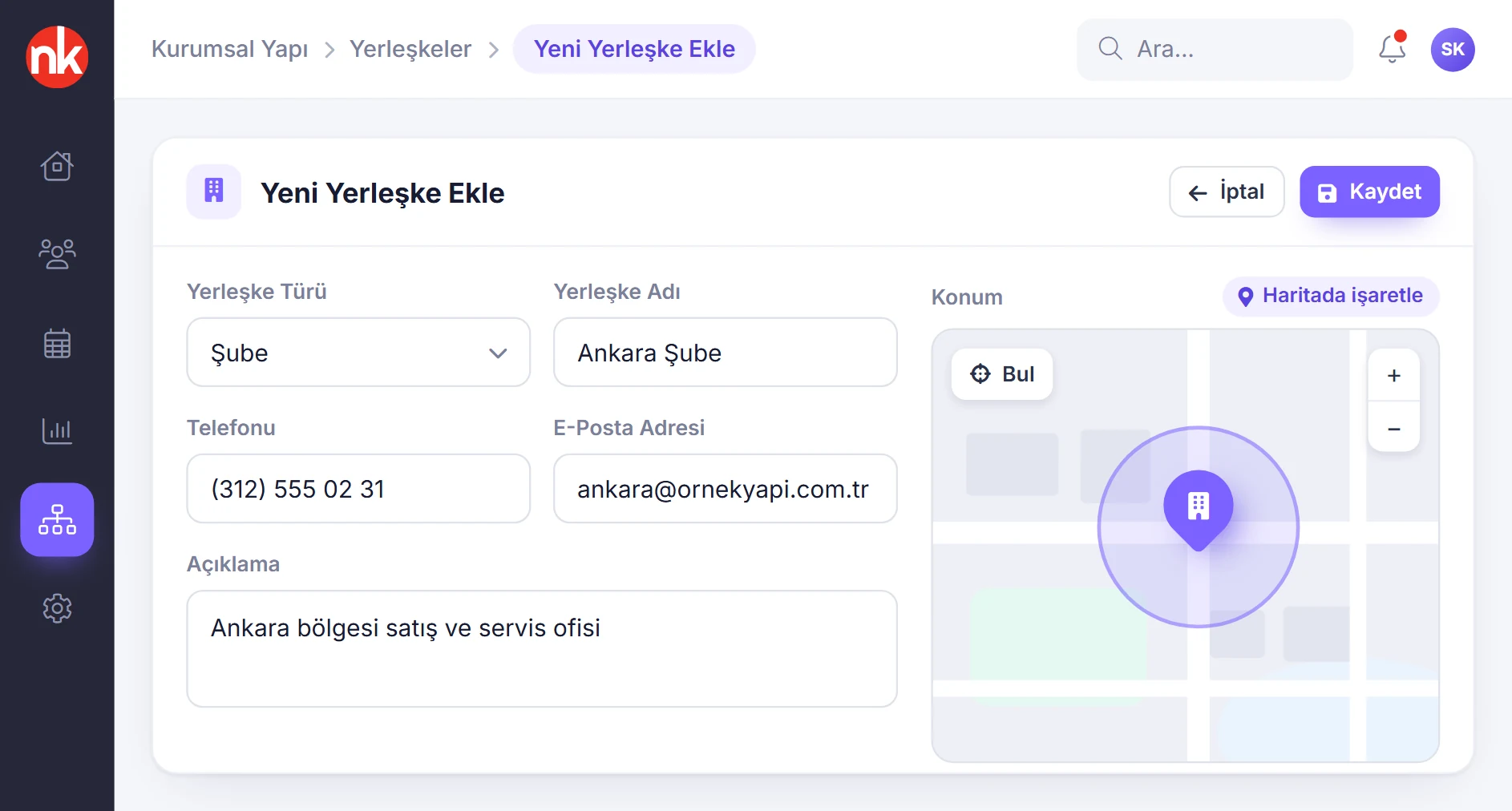 NetKurum yeni yerleşke ekleme formu ve konum haritası