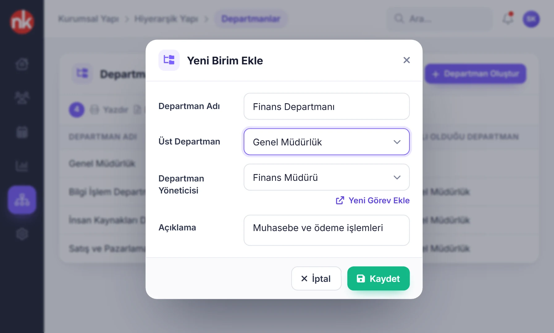 NetKurum departman ekleme penceresi