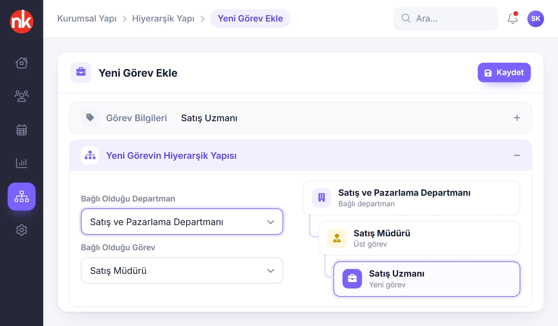 NetKurum yeni görev ekleme, hiyerarşik yapı bölümü