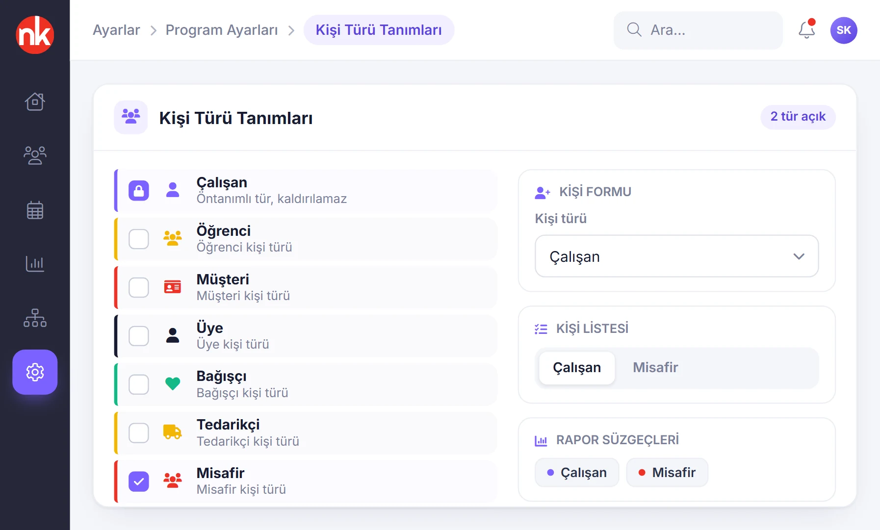 NetKurum kişi türü tanımları ekranı