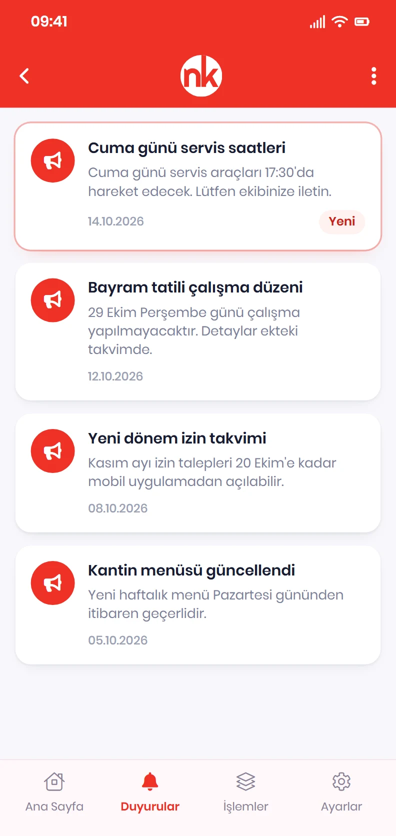 NetKurum mobil uygulamasında duyurular listesi