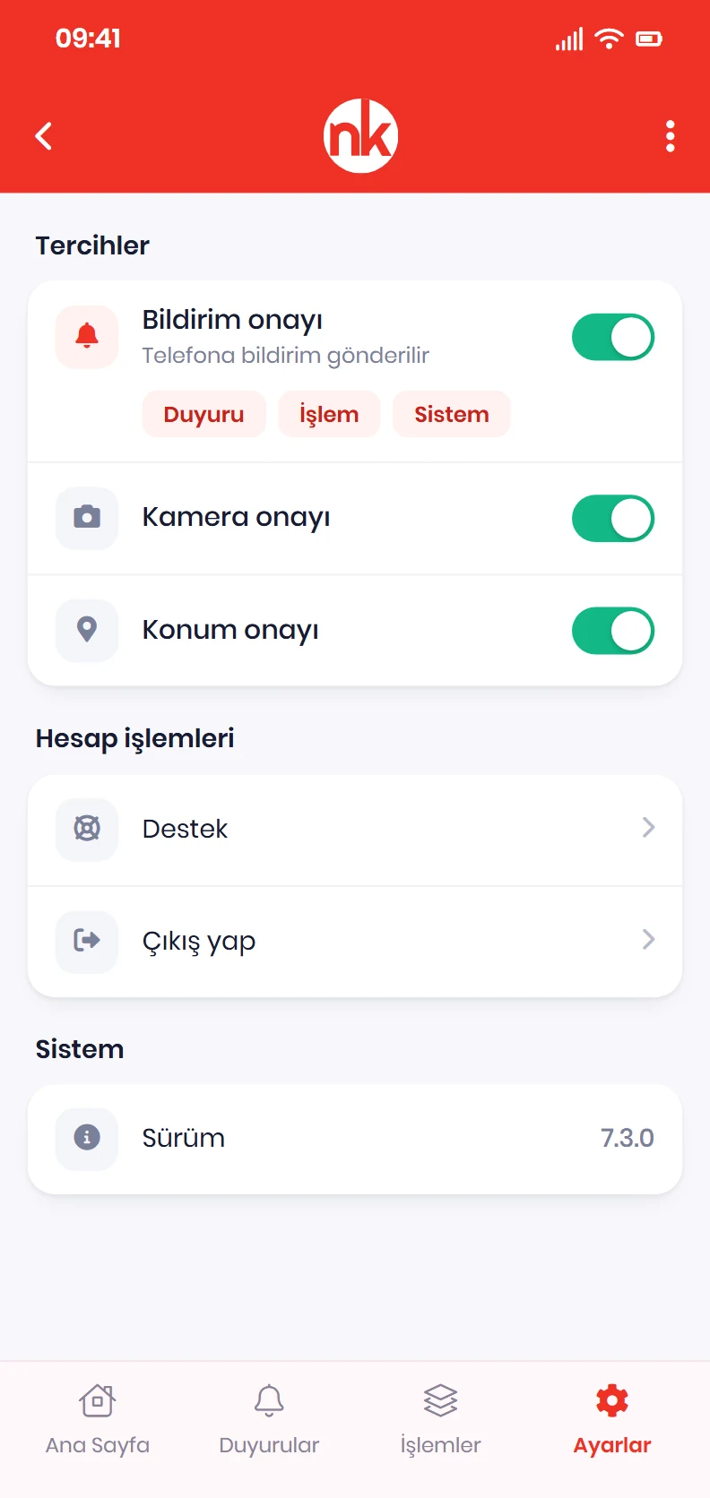 NetKurum mobil uygulamasında bildirim, kamera ve konum onayları