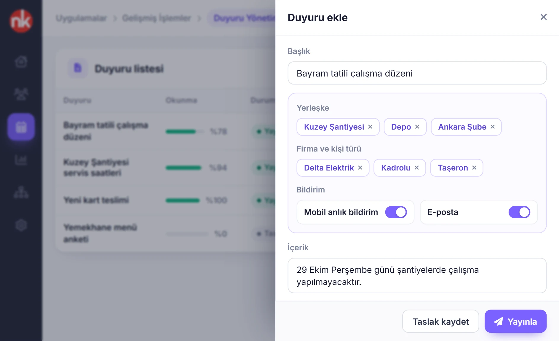 Yerleşke ve kişi türüne göre hedeflenen duyuru penceresi