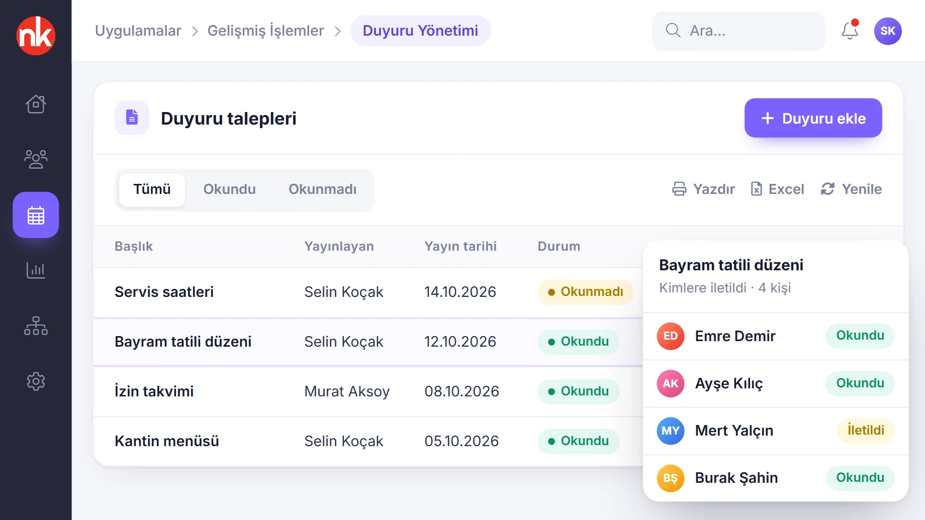 NetKurum duyuru talepleri listesi