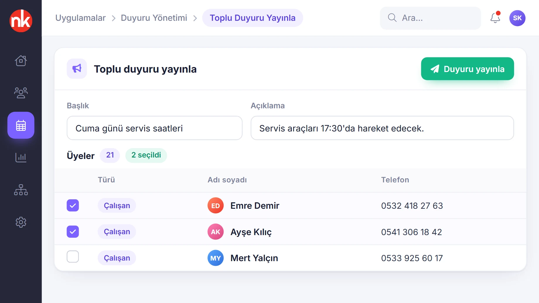 NetKurum toplu duyuru yayınlama ekranı
