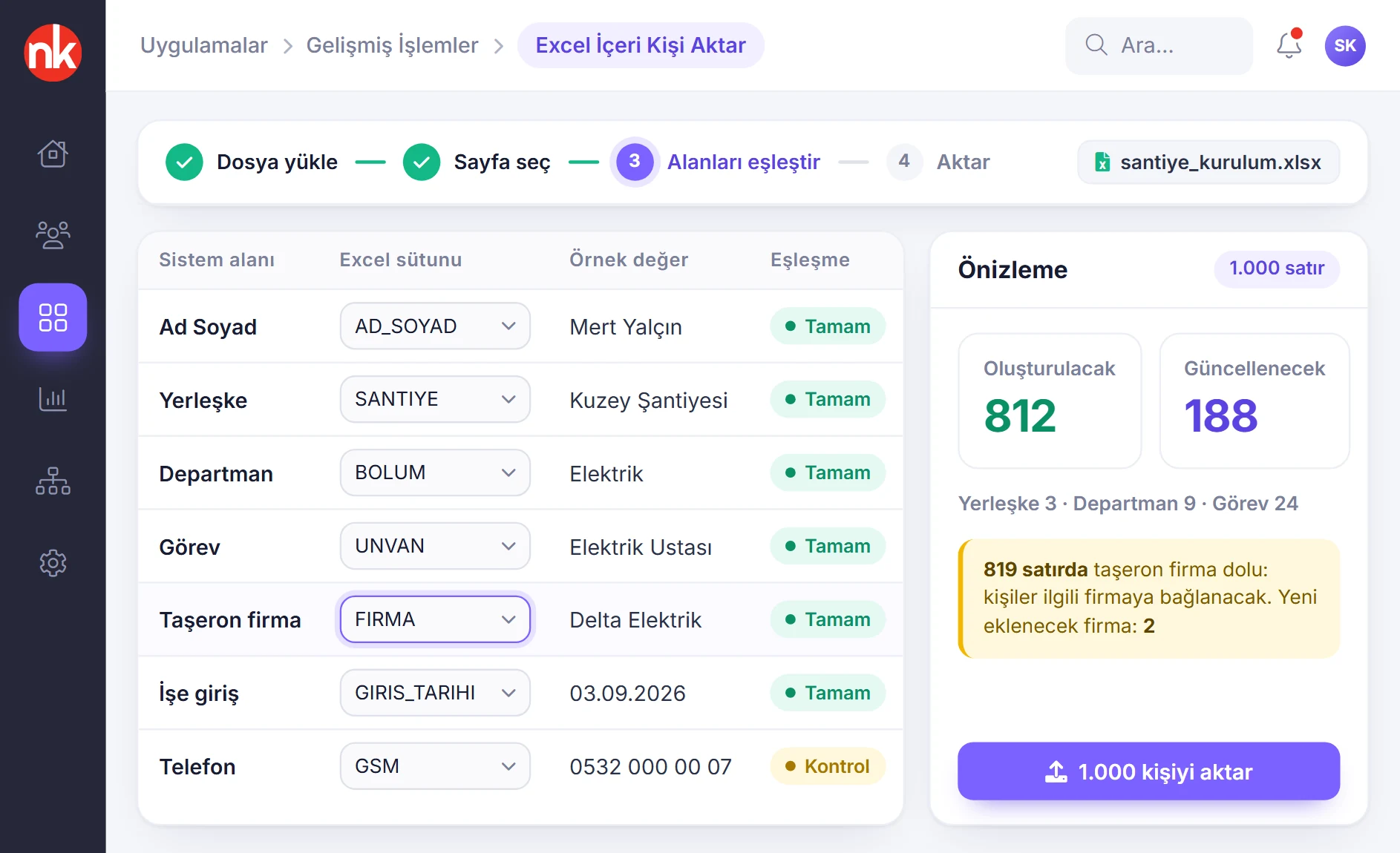 Excel'den toplu aktarımda alan eşleştirme ve önizleme