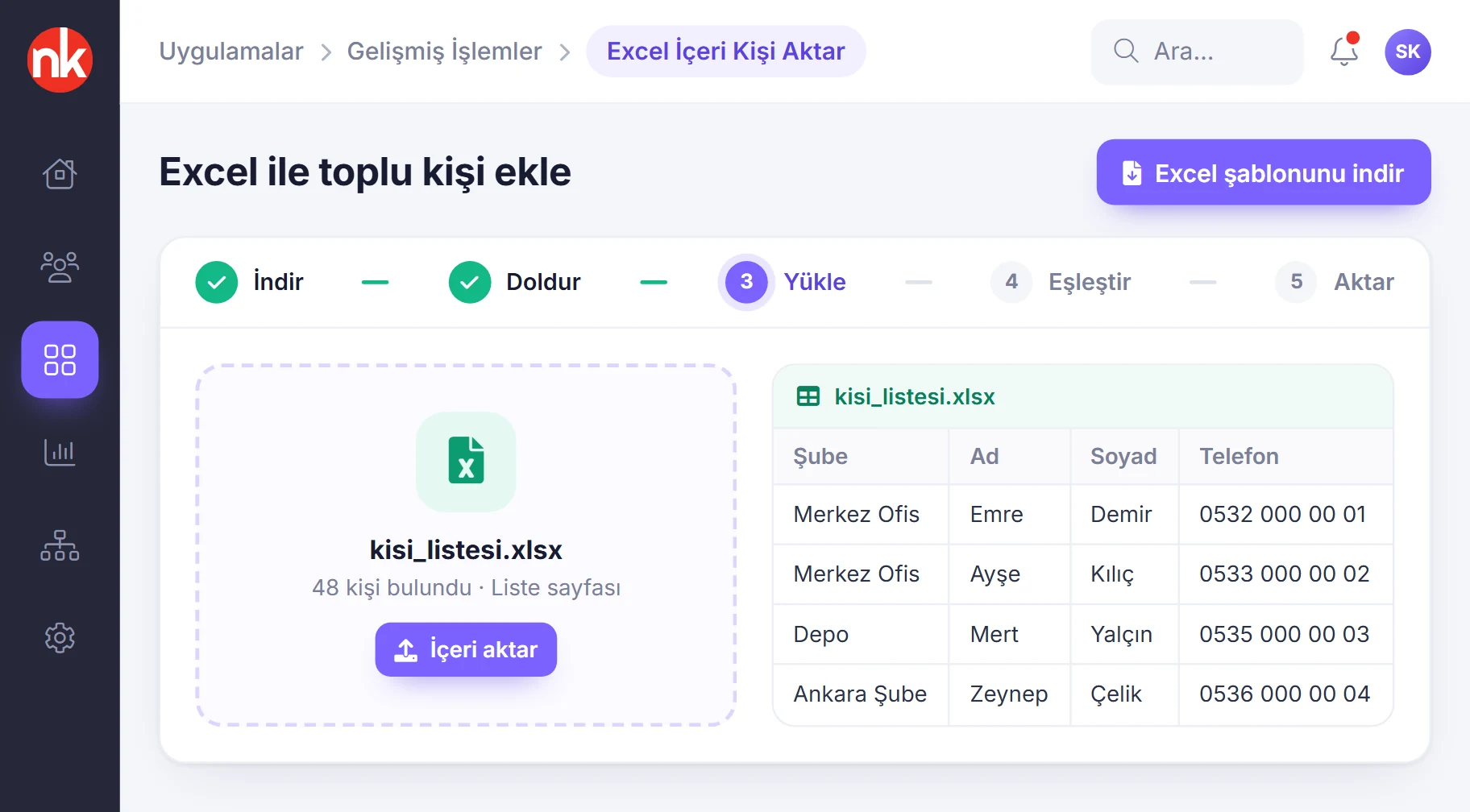 NetKurum Excel ile toplu kişi ekleme, dosya yükleme adımı
