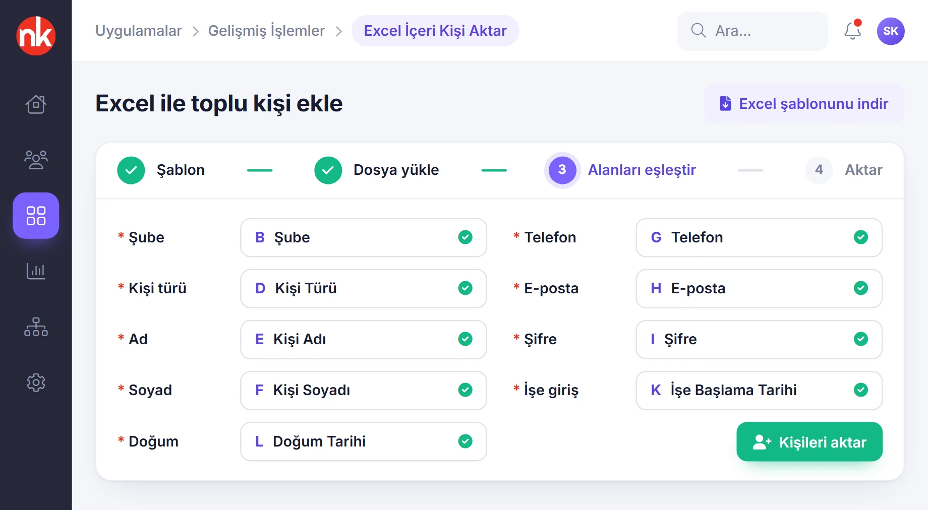 NetKurum Excel ile toplu kişi ekleme, alan eşleştirme adımı