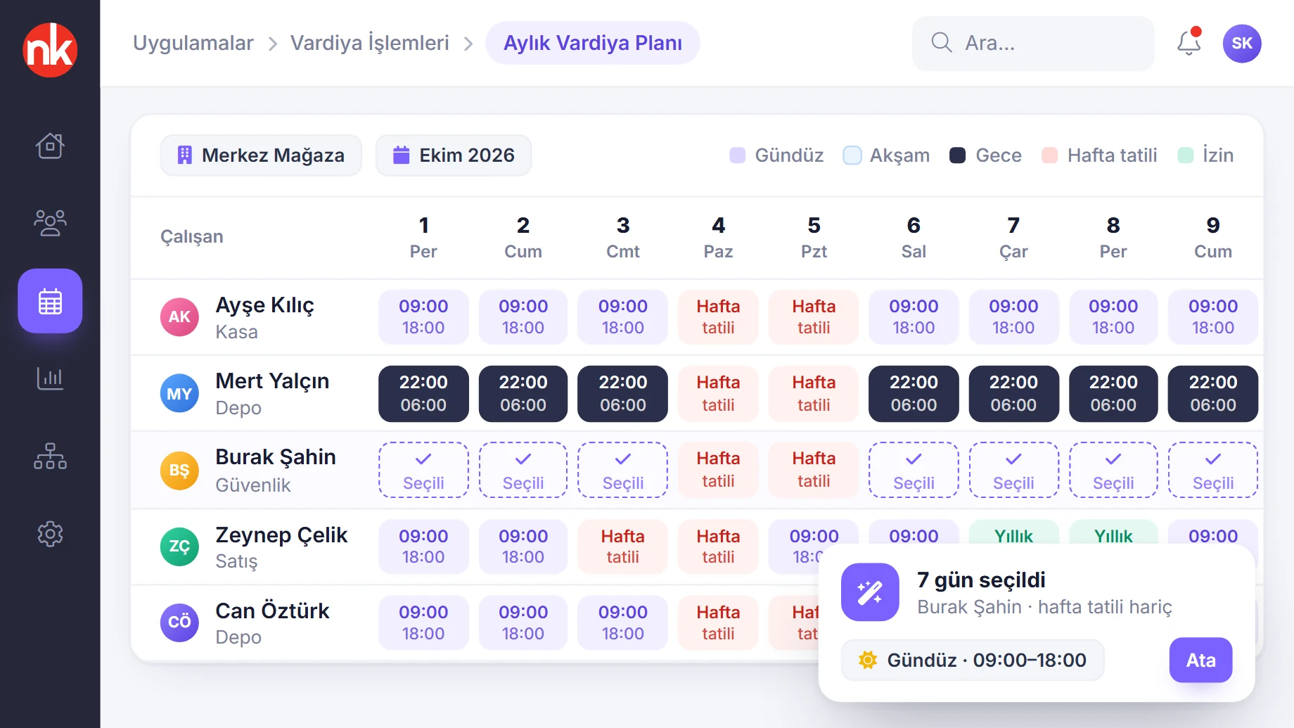 Vardiya Yönetimi ekranı