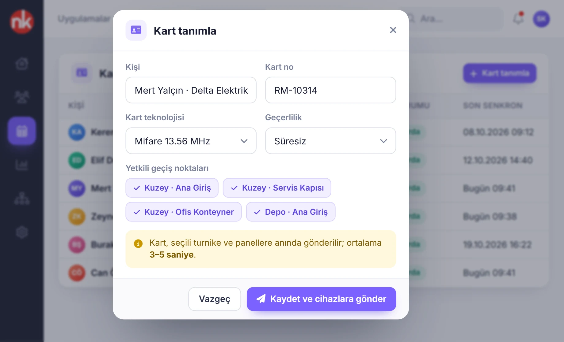 Kart tanımlama penceresi ve kart listesi