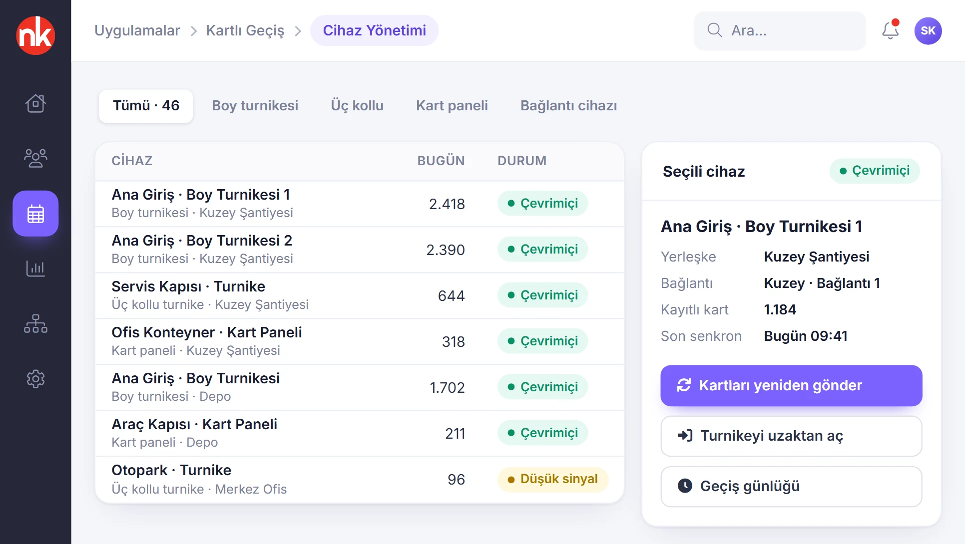 Turnike ve kart panellerinin listelendiği cihaz yönetimi ekranı